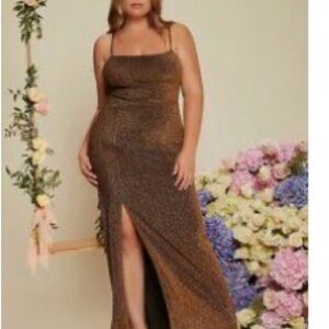 SHEIN Metallic Brown Maxi Slip Dress with Thigh Slit